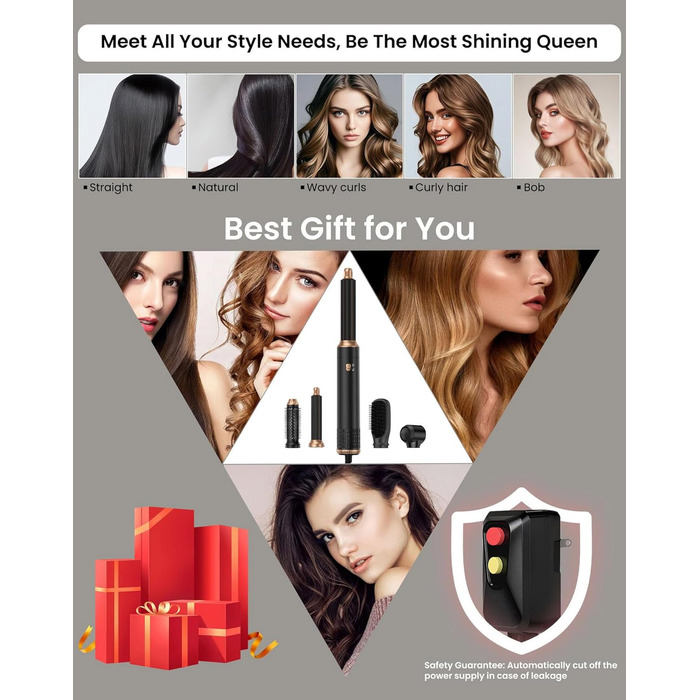 Набір для укладки волосся 6 в 1: фен-щітка, плойка, негайні іони, 110000 обертів, регулювання температури, тиха робота (чорний)