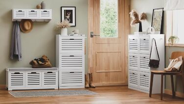 Сучасна біла тумба для взуття SoBuy FSR23-W з сидінням, 3 кошиками та подушкою, 105x43x35 см, деревостружкова плита