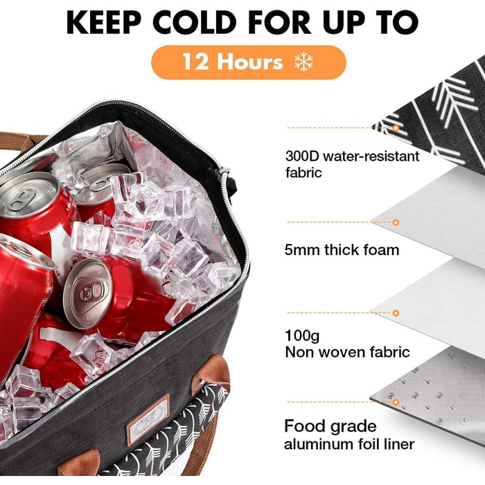 Термосумка Lekesky для жінок: ізольована ланч-бокс, 11л, чорна