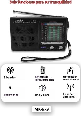 Портативне радіо Raypow 9-діапазонів FM/AM/SW1~SW7, транзисторне, з акумулятором 2 AA, компактне, потужний динамік, для дому та вулиці, чорне