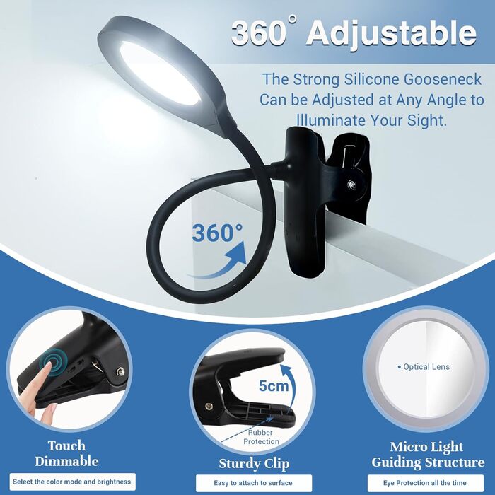 LED лампа для читання Akynite з акумулятором, 5 кольорів та 5 рівнів яскравості, кріпиться на ліжко, дитячий столик, чорна