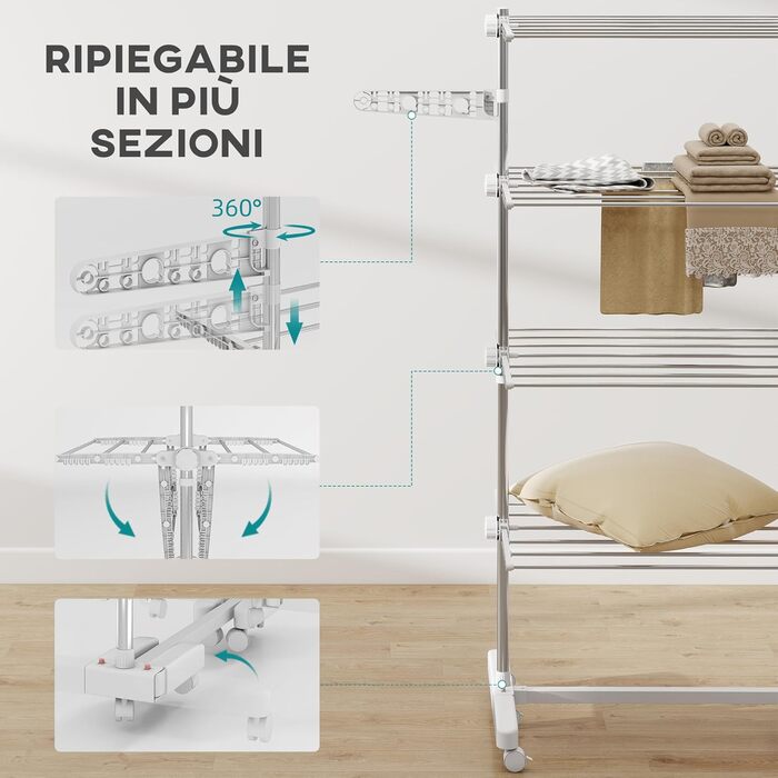 Сушарка для білизни HOMCOM Tower, 4 рівні, з колесами, біла - 142x55x172 см