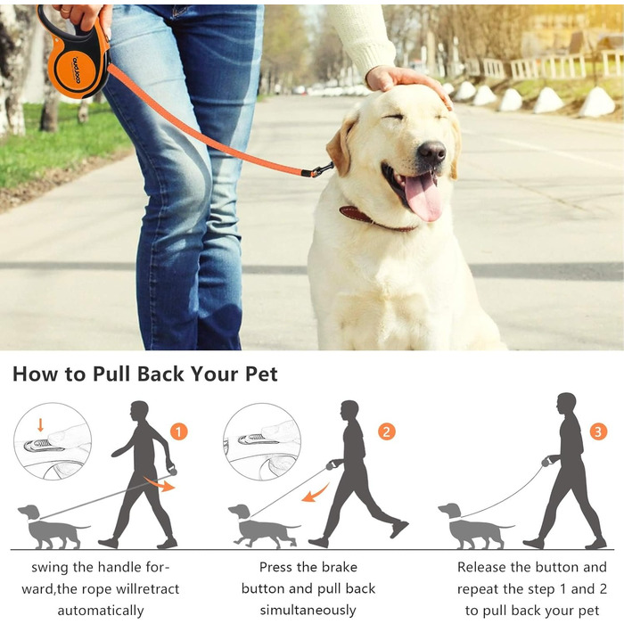 Висувна поводок для собак, 5 м, міцний поводок-рулетка з неслизькою ручкою та кнопкою швидкого гальма, для великих собак до 50 кг, помаранчевий