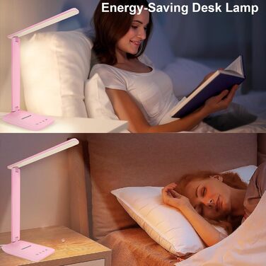 Лампа настільна LED Jumoking з регулюванням яскравості та захистом очей, 5 кольорів, 5 рівнів яскравості, USB-порт для зарядки, сенсорне керування, рожева (Pro)