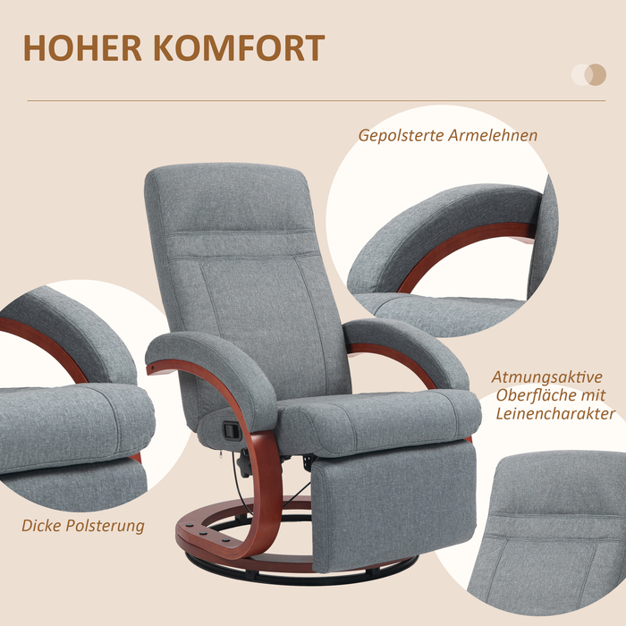 Крісло-релакс Homcom для телевізора з функцією відкидання спинки, дерев'яні підлокітники, поворотне крісло для відпочинку, телевізорне крісло з регульованою спинкою, крісло для відпочинку, тканина, сірий | Aosom