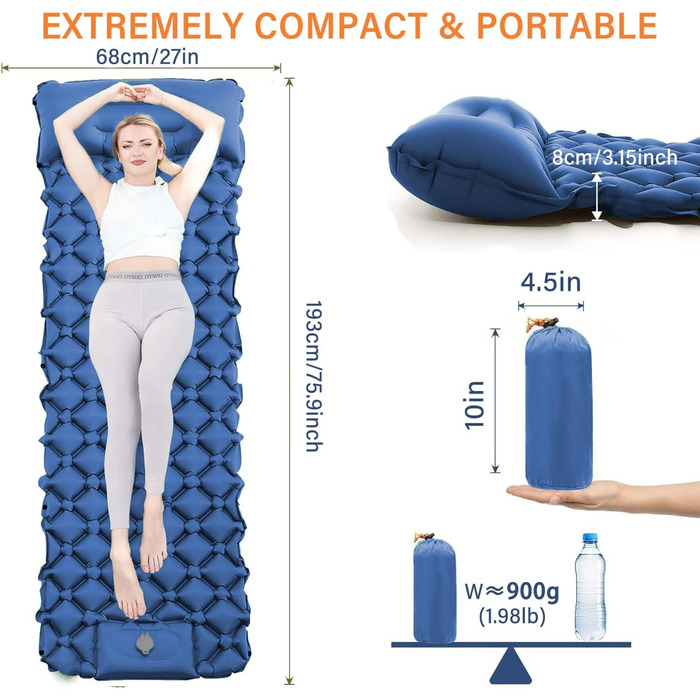 Каремат JINYOMFLY самонадувний туристичний, посилений, з насосом та подушкою, водонепроникний, ультралегкий для кемпінгу, піших прогулянок, відпочинку на природі (Блакитний)