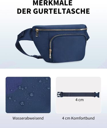 Чоловіча та жіноча бананка на пояс, стильна сумка-бананка з 4 кишенями на блискавці та регульованим ремінцем, ідеальна для подорожей та піших прогулянок (Запатентовано), колір: темно-синій