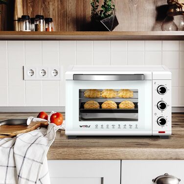 Міні-піч WOLTU 28 л, піч для піци 1600 Вт, 100-230°C, таймер 0-60 хв, 3 режими нагріву, з деко, решіткою, підсвічуванням крихт, підйомником решітки, для випікання, запікання, розморожування, підігріву (біла)
