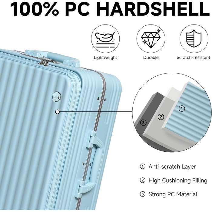 Валіза ручної поклажі Sea Choice з жорстким корпусом з PC, відділенням для ноутбука, USB-портом, 8 спін-колесами, замком TSA та тримачем для напоїв (1 шт., блакитний)