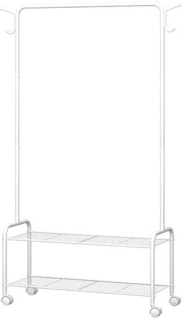 Clothes rack with 2-tier shelf, 3-in-1 design, clothes stand with 4 wheels, coat rack with 4 hooks for bags, GR07499A (White)