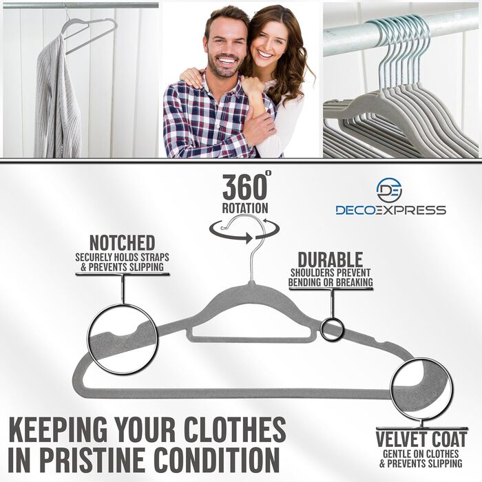 Плечики для одягу Deco Express з велюру, антиковзаючі та економні, набір (20 шт., сірий)