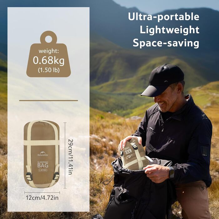 Спальний мішок Naturehike Ultraleicht – ультралегкий, 680/760 г, для 3 сезонів, 190x75/205x85 см, для походів, рюкзаків, кемпінгу, комфортна температура 15°C, колір: зелений XL (темно-коричневий/світло-коричневий)