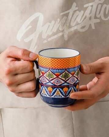 HENXFEN Ceramic Coffee Mugs, 410ml Coffee Cups Set with Handle, Porcelain Mugs for Tea Coffee Milk Cappuccino, Colorful, 6-Pack - Bohemian Style