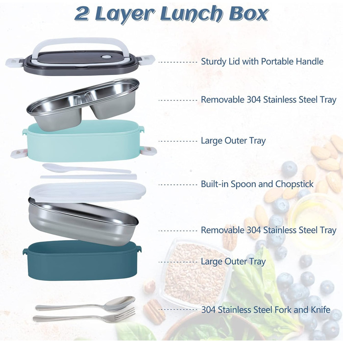 Ланчбокс дорослий, контейнер для їжі з сумкою, ланчбокс дитячий з 3 відсіками, виносний, водонепроникний, підходить для мікрохвильової печі, бенто-бокс для роботи, школи, пікніка, подорожей, блакитний