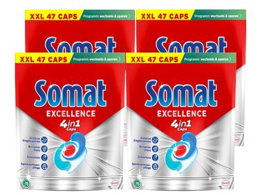 Капсули для посудомийних машин Somat Excellence 4in1, швидкорозчинні табічки для чистоти та блиску, підходять для Eco-програм та низьких температур, без аромату, 176 шт (4х44 шт)