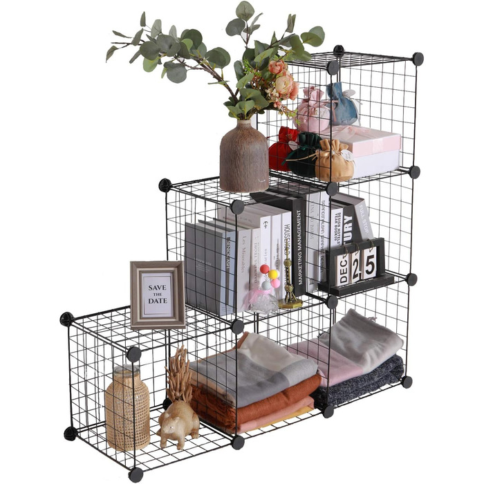 YCOCO Storage Shelf with 6 Cube Shelves, Bookshelf, Bookshelf for Bedroom, Office, Dorm Room, University, Living Room, Black. (Wire-6 Cubes)
