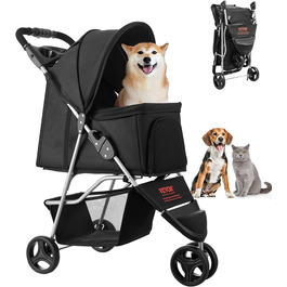 VEVOR 3-Wheel Pet Stroller - Dog & Cat Buggy, 16kg Capacity, Foldable with Cup Holders & Brakes