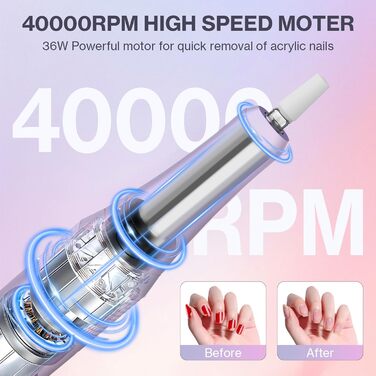 Електрична нігтьова фрезерна машинка для манікюру та педикюру, 40000 об/хв, LCD дисплей, професійний набір, фіолетовий