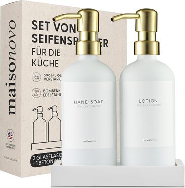 MaisoNovo Soap Dispenser Set - Soap Dispenser Kitchen - 500 ml Amber Bottles, Black Pumps, Glass Pumps, Soap Dispenser Set, 2-Piece Set and Concrete Tray - Dish Soap Dispenser Kitchen (White Glass / Gold Pump + Rectangular Tray)