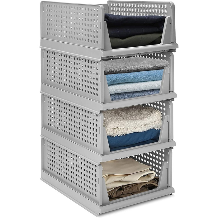 Set of 4 Stackable Folding Clothes Closet Storage Boxes, Plastic Closet Shelves, Closet Organizer Box, Pull-Out Drawer-Like Design, Suitable for Home, Bedroom, Kitchen (Gray)