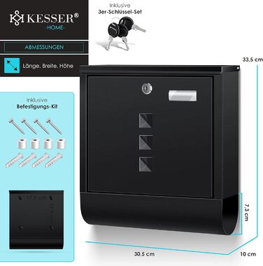 Поштова скринька KESSER® з газетним відділенням, іменним шильдиком, оглядовим вікном, нержавіюча сталь, чорний матовий, 3 ключі, настінний монтаж, велика, з матеріалом для кріплення