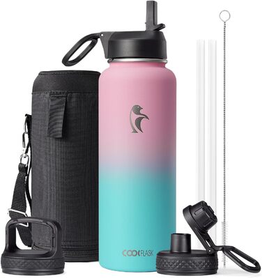 Термопляшка Coolflask 2л з соломинкою та 3 кришками, нержавіюча сталь, для спорту та офісу, герметична (Bubble Gum)