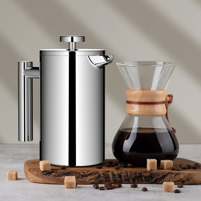 Френч-прес для кави, 600 мл, нержавіюча сталь, з 3-рівневою фільтрацією, подвійні стінки, з ложкою, сріблястий