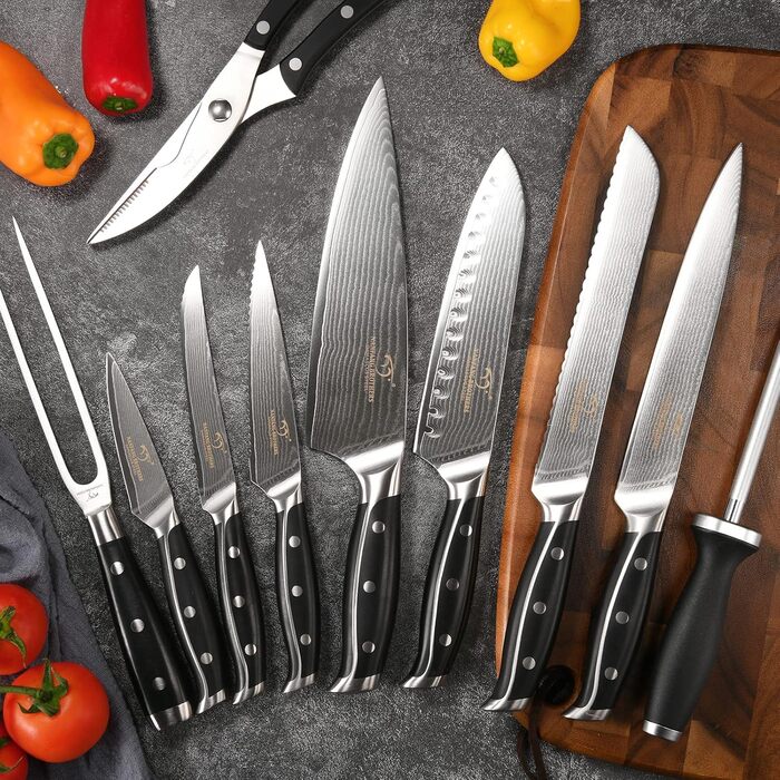 Nanfang Brothers 18-Piece Damascus Kitchen Knife Set with Hammered Handles & Wood Block - Premium Quality Steel Blades