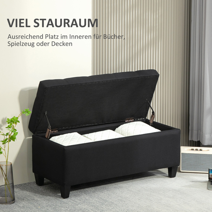 HOMCOM Bench with Cushion, Storage Chest Bench, Entryway, Bedroom, Living Room, Linen-like Polyester, Rubberwood, Black, 100 x 40 x 44 cm | Aosom