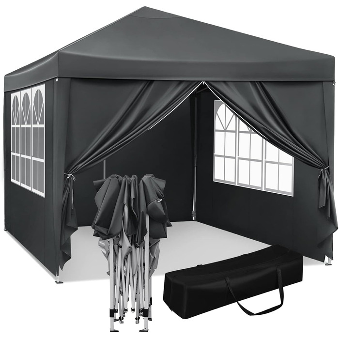 WOLTU Pop-Up Pavilion, Waterproof Folding Pavilion, Sun Shade Event Pavilion with Side Walls, Garden Pavilion for Patio, Camping, Festival, Pagoda Tent from Oxford Fabric and Metal Frame, 3 x 3 m (Anthracite)