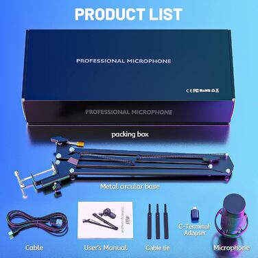 Професійний мікрофон-конденсаторний комплект, 192kHz/24 USB для геймінгу, стрімінгу, подкастингу, караоке. З поп-фільтром.