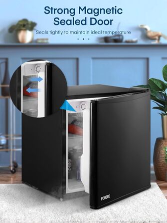 Міні-холодильник 46л з відділенням для льоду, чорного кольору. Енергоефективний, з регулюванням температури та змінним напрямком відкривання дверцят. Ідеально підходить для кухні, офісу, спальні, готелів та невеликих квартир.