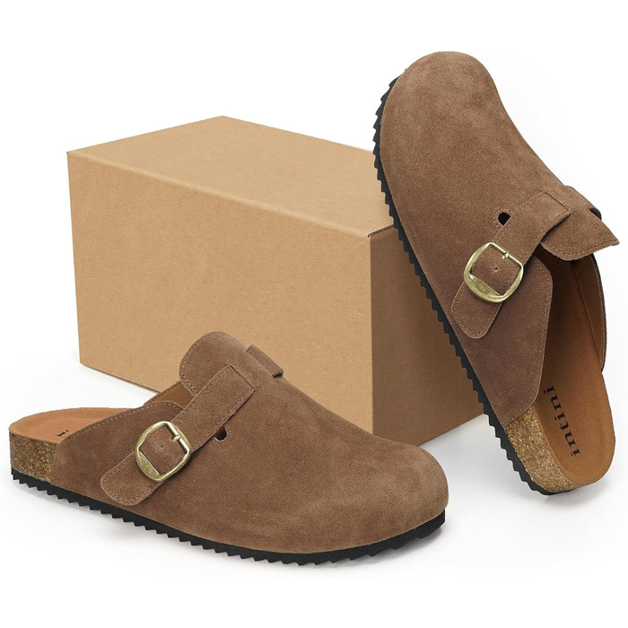 Intini Clogs - капці-клоги для жінок та чоловіків, шкіряне устілка, домашні та садові тапочки, літні сандалії, зручні шльопанці, розмір 36-48 (43 EU, темно-коричневий)