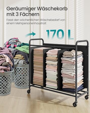 SONGMICS Laundry Basket with Wheels, 3-Compartment Laundry Sorter, 170 L Laundry Sorter, Mobile Laundry Cart, 5 Labels, for Laundry Room, Bedroom, Bathroom, Ink Black RLS330B01