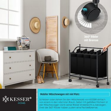 KESSER® Laundry Basket, Laundry Collector, Laundry Sorter with 4 Removable Fabric Bags | 4 Compartments x 35 Liters | Laundry Box with 12 Laundry Instructions, 360° Swivel Wheels with Brake, Laundry Sorting System, Laundry Cart, Black