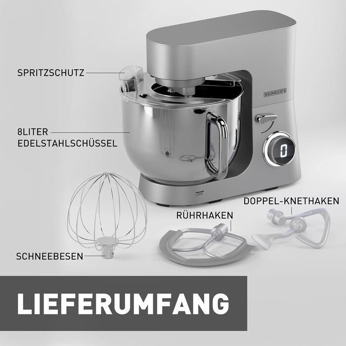 Кухонна машина Heinrichs з подвійним гаком для тіста, міксер, 2500W, 8L чаша з нержавіючої сталі, 8 швидкостей, тиха робота, колір 