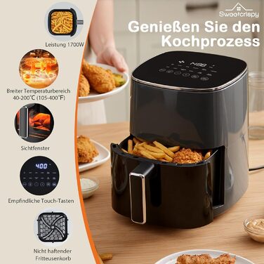 Фритюрниця Sweetcrispy Airfryer 6L з вікном, 12 функцій, сенсорний екран, сірий колір. Здорове приготування без олії, антипригарна корзина, підходить для 3-6 осіб