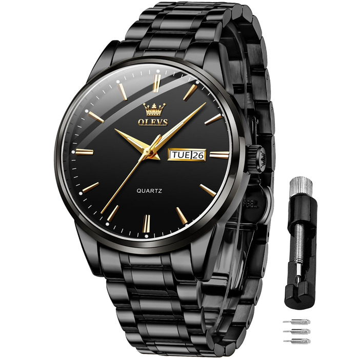 Чоловічий годинник OLEVS класичний, кварцовий, золотисто-чорний зі сталевим ремінцем, водонепроникний, з датою та підсвічуванням