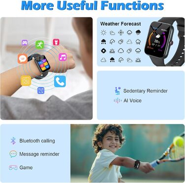 Дитячий розумний годинник Kinder Sport Fitness для дівчаток та хлопчиків з крокомером, 100+ спортивних режимів, будильником, іграми, секундоміром, повідомленнями, активним трекером для підлітків 5-16 років, чорний