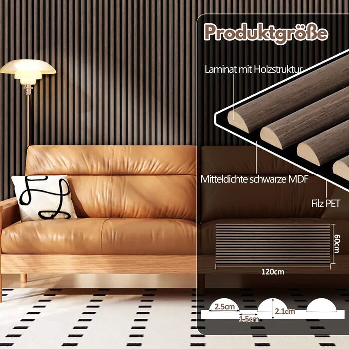 Акустичні панелі з дерева та фетру для стін 120x60 см, шумопоглинаюча обробка інтер'єру, чорний горіх (комплект 4 шт, 2.88 м²)