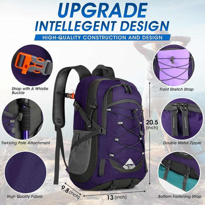 IGOLUMON Hiking Backpack for Men and Women, 40L Waterproof Backpack, Lightweight Foldable Travel Backpack, Trekking Backpack with Reflective Stripes, for Cycling, Climbing, Mountaineering and Travel Sports (Purple)