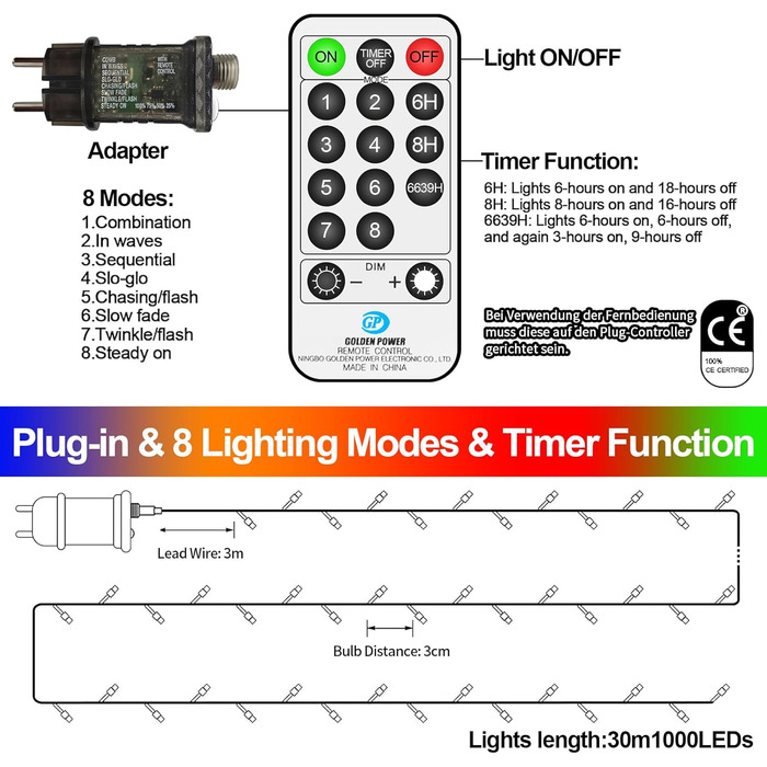 Ланцюжок LED-ліхтарів на батарейках: 1000 LED, тепле світло, для дому та вулиці, з пультом, для вечірки, весілля, декору ялинки