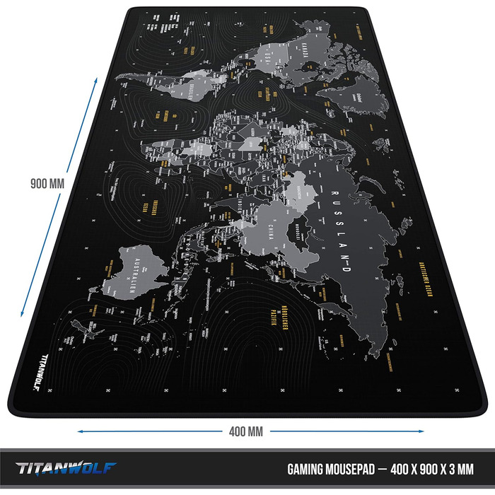 Килимок для миші TITANWOLF XXL Gaming з картою світу, 900x400x3 мм, чорний