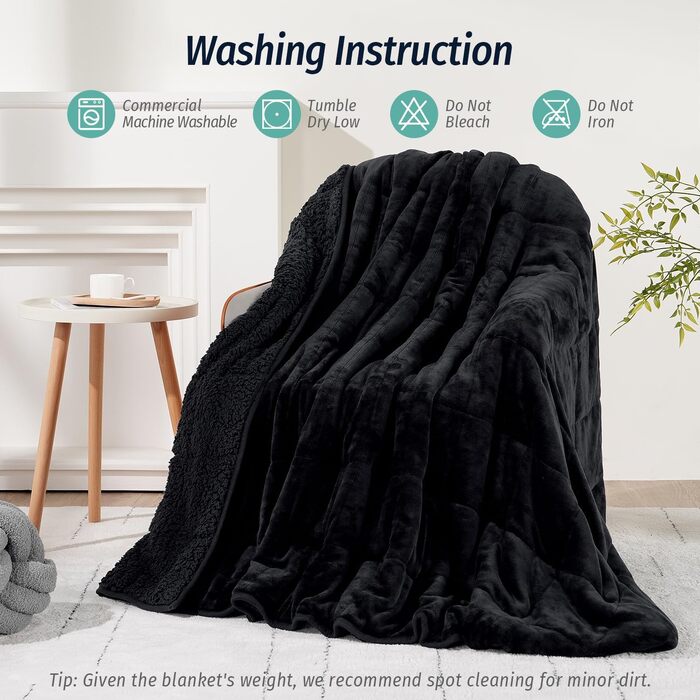 Обтяжілена ковдра Wemore Sherpa Fleece для дорослих, двостороння плюшева фланелева ковдра, 6.8 кг, 150x200 см, чорна