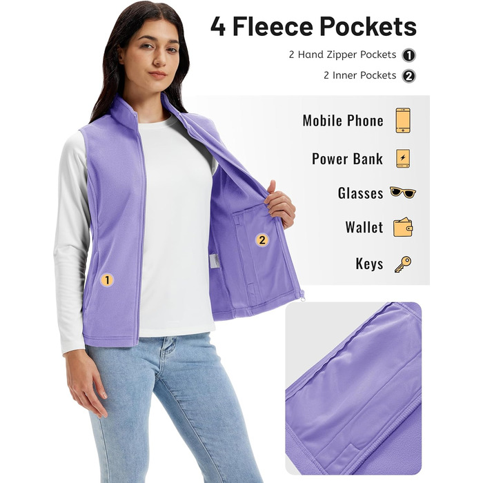 TACVASEN жіноча флісова жилетка для активного відпочинку, тепла жилетка з блискавкою та кишенями, спортивна жилетка для жінок (L, світло-фіолетовий)