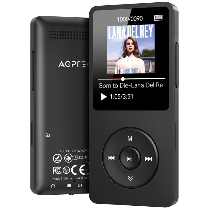 MP3 плеєр AGPTEK 64GB Bluetooth 5.3 з динаміком, радіо FM, підтримкою карт пам'яті до 128GB (Чорний)