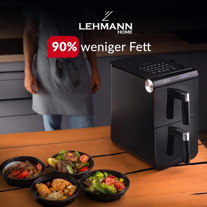 Фритюрниця без олії LEHMANN з 2 камерами, 2400 Вт, AirFryer XXL з 12 програмами, до 200°C, WiFi, 11л – для смаження, випікання, сушіння, грилю