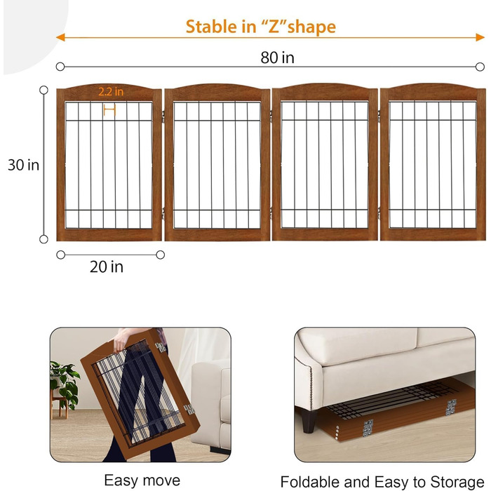 Дерев'яне перегороджувальне ґратка для собак, 4 панелі, широке, 76,2 см, розкладне, бар'єр для тварин, з підставками, масивне тверде дерево та сталевий дріт, захисне ґратка для дверей, коридорів, 76 см висота