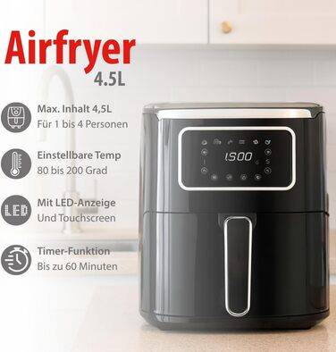 Фритюрниця Alpina Airfryer 4.5L з цифровим дисплеєм - фритюрниця без олії, 1450W, для 1-4 осіб, регулювання температури 80-200°C, таймер