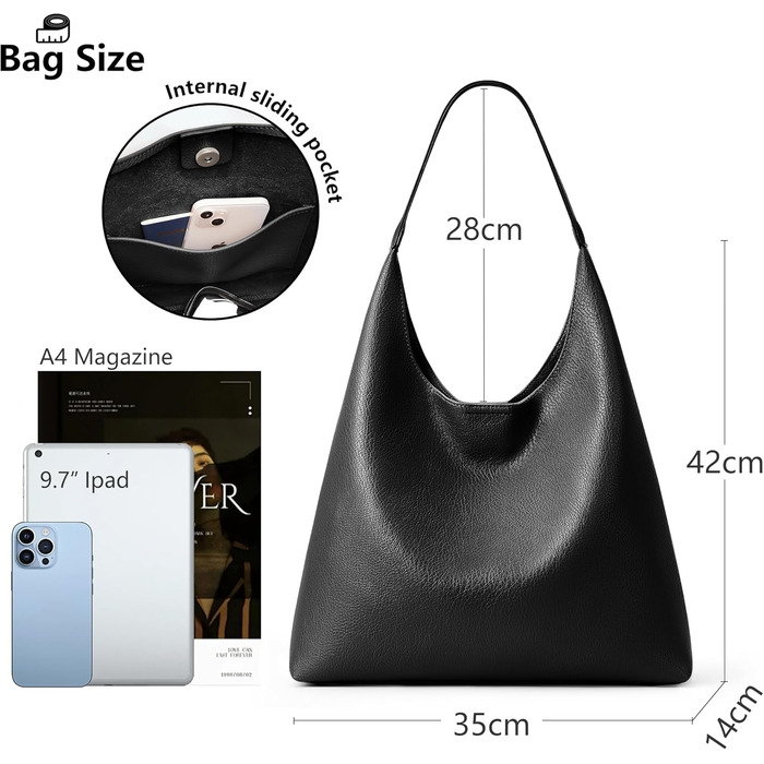 Сумка жіноча KALIDI Shopper Hobo з PU шкіри, чорна, велика для роботи, школи, повсякденна з кнопкою